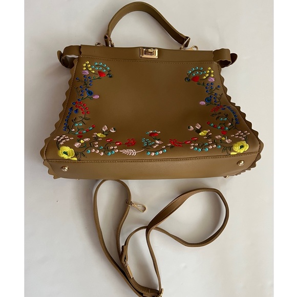 Satchel Tan Purse Floral Print Designs With Detachable Straps - Picture 9 of 9